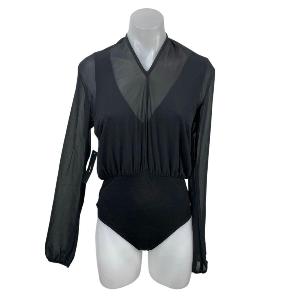 NEW Lulus Women's Black Sheer Mesh Layer Long Sleeve Blouse Bodysuit Top Size S